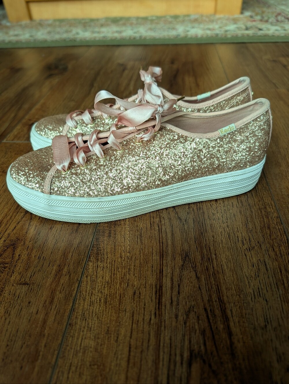 Keds x Kate Spade Rose Gold Glitter Platform Sneakers Satin Laces Size 9 - Picture 2 of 6
